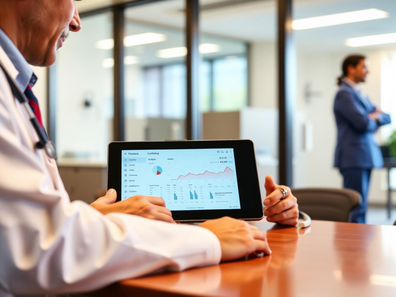 Physician reviewing Med USA practice analytics dashboard on a tablet